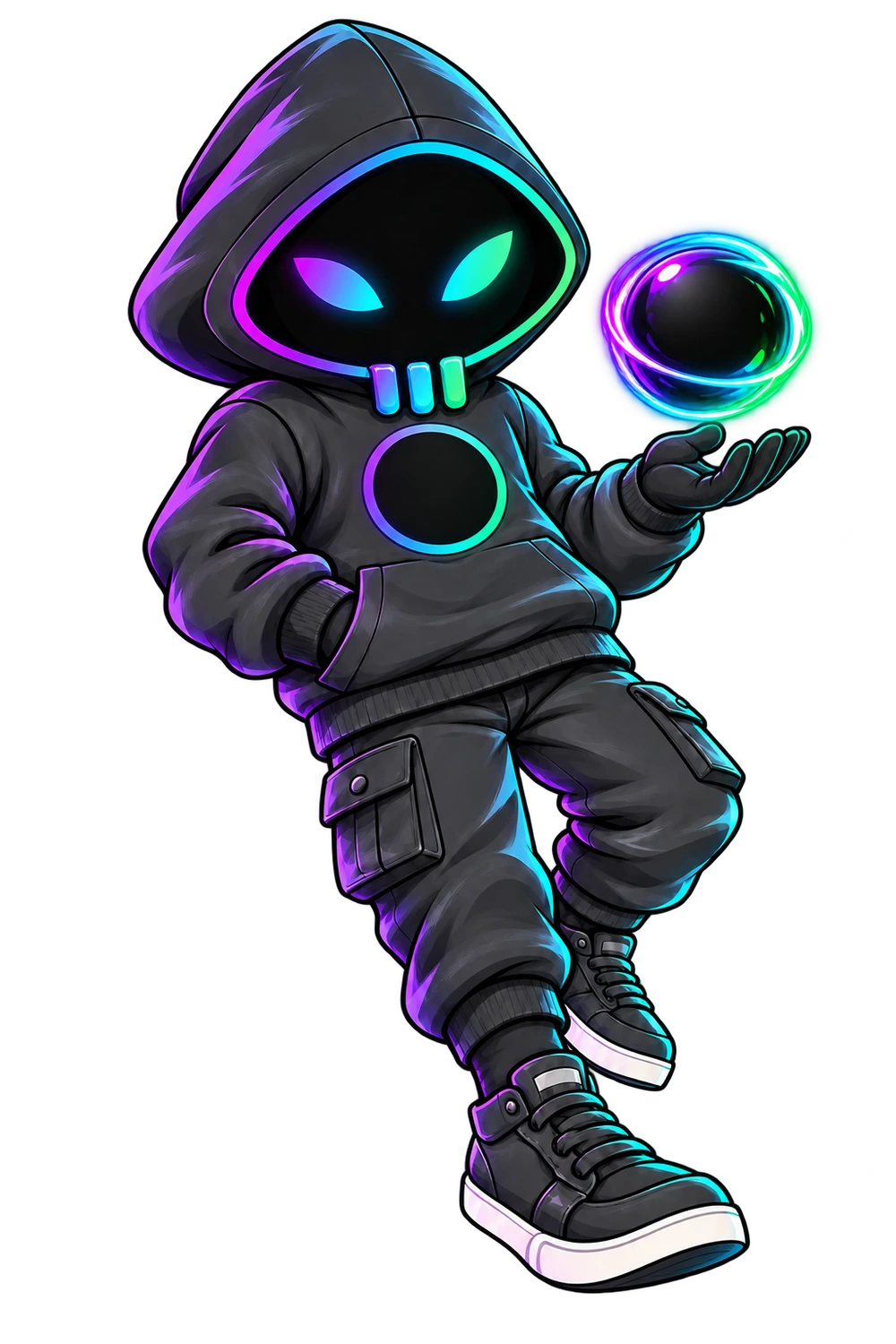 Solhood, a dark hooded character with purple, cyan and mint trim, holding a glowing orb